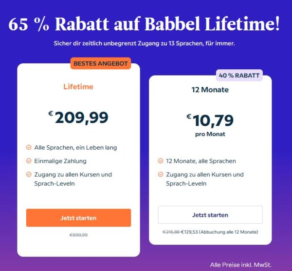 Babbel 65 Rabatt aufs LifetimeAbo sichern, außerdem 40 auf 12 Monate Sparbote der
