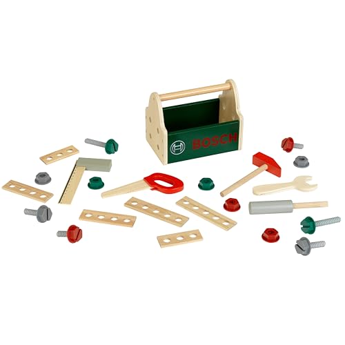 Theo Klein 8161 Bosch Werkzeug-Box aus Holz I Stabile Box mit praktischem Tragegriff I Inkl. Werkzeug im Bosch-Design I Spielzeug für Kinder ab 3 Jahren