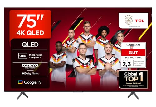 TCL 75T8C 75 Zoll QLED 4K HDR UHD Fernseher, Smart Google TV Dolby Vision & Atmos, 144Hz Motion Clarity Pro, Game Bar, ALLM, FreeSync, Onkyo 2.1 Sound, Sprachsteuerung, Kompatibel mit Google Assistant