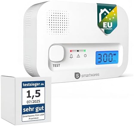 Smartwares Kohlenmonoxid melder, 10 Jahre Sensor, 1.5 Testsieger Wertung, mit Display und Testknopf - FGA-13041
